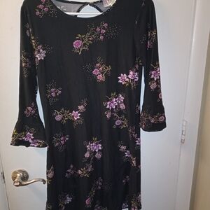 Pink Rose Black Dress with Pink Floral Design